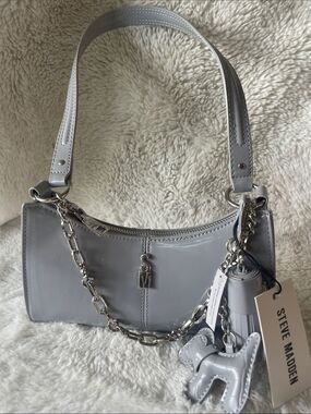 Steve Madden Light Gray Patent Shoulder Bag with Silver Chain